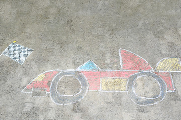 race care picture drawed and painted with colorful chalks. Creative leisure for children.