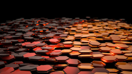 Abstract black hexagon background with glowing light. 3D rendering illustration.