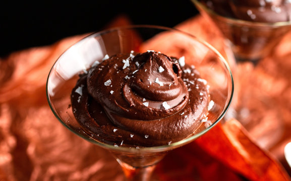 Close up of chocolate mousse with fleur de sel