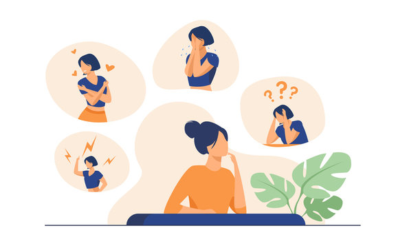 Woman expressing strong various feelings and emotions. Girl suffering from distracted behavior and mood changes. Vector illustration for mental disorder, psychology, stress, crisis concept