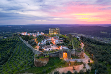 Fototapeta na wymiar Evoramonte drone aerial view of village and castle at sunset in Alentejo, Portugal