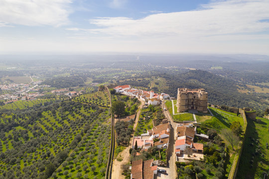 Evoramonte drone aerial view of village and castle in Alentejo, Portugal