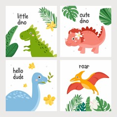 Cute dinosaurs card set. Dino isolated on white background. Kids illustration. Funny cartoon Dino collection and prehistoric elements.