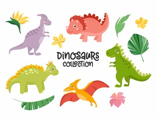 Set of cute dinosaurs isolated on white background. Kids illustration. Funny cartoon Dino collection. Tropical leaves, dino eggs, rainbow.