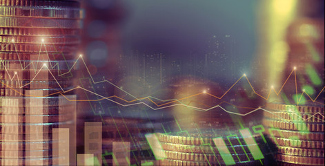 Financial investment , Double exposure of city night and stack of coins for finance investor, Forex trading candlestick chart, Cryptocurrency economy. background for invest, recession,employment 