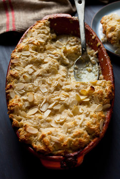 Overhead view of† chicken pot pie with almonds