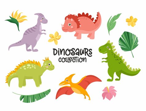 Set of cute dinosaurs isolated on white background. Kids illustration. Funny cartoon Dino collection. Tropical leaves, dino eggs, rainbow.