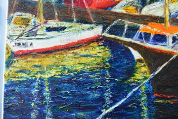 Oil on canvas. Landscape with boats on the pier. Oil paint texture. red. fragment