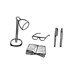 Set of reading, open book, glasses, lamp, pen and pencil, vector illustration, hand drawing
