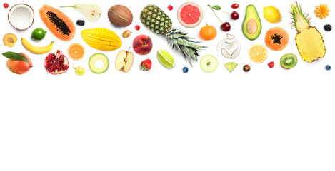 Flat lay composition with different fruits on white background