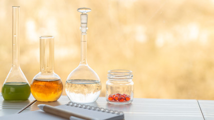 Flasks with reagents, a jar with capsules of vitamins and a notebook