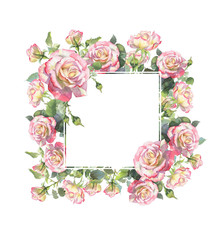 Beautiful flower frame with luxurious bouquets of peonies, roses hand-made watercolor illustration. flowers arranged in a wreath, flower business card. for wedding invitations and greeting cards