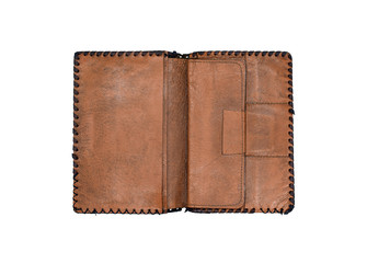 Old brown leather wallet on a white background.