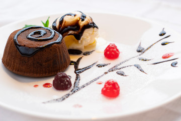 Sweet chocolate muffin with ice cream and chocolate topping on a decorated white plate
