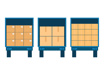 Trucks with boxes of goods. Unloading or loading cargo. Work in logistics, delivery, shipping. Boxes of goods for import and export. Vector illustration