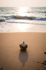 Fototapeta na wymiar Drinking green coconut in a transparent ocean wave on a sandy beach in the light of the setting sun. Coconut with a tube in water. Indian ocean.