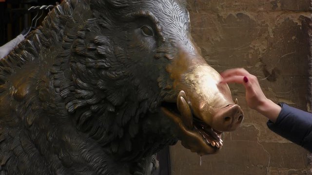 Boar Market in Florence, Italy. The girl strokes the nose of sculpture of a wild boar for good luck.