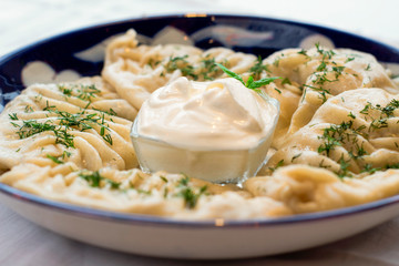 Dumplings with sour cream and dill in a blue plate on a white background
