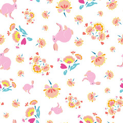 Vector folk art floral easter rabbit pattern on white background. Happy spring design. Event and holidays. Surface pattern design.