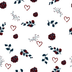 Seamless pattern with red berries, flowers, hearts and leaves on a white background. Vector texture in gray, pink, green and white colors.
Print for textiles, fabrics, backgrounds, accessories, wrappi