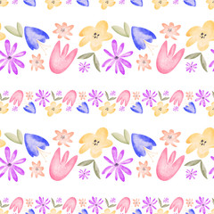 Border flower buds watercolor texture digital art digital seamless pattern on white background. Print for fabrics, banners, web design, posters, invitations, cards, stationery, wrapping paper.