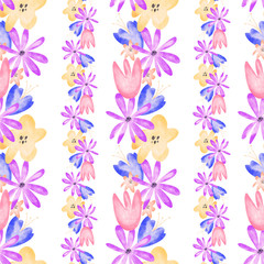 Fototapeta na wymiar Border flower buds watercolor texture digital art digital seamless pattern on white background. Print for fabrics, banners, web design, posters, invitations, cards, stationery, wrapping paper.