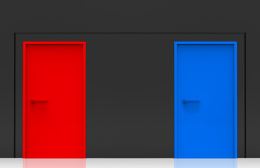 3d rendering. Blue and red Doors on black cement wall background. two choice for choosing or select future concept.