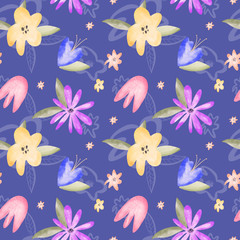 Fototapeta na wymiar Colored flower buds watercolor texture digital art digital seamless pattern on blue background. Print for fabrics, banners, web design, posters, invitations, cards, stationery, wrapping paper.