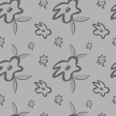Flower buds seamless pattern contour digital doodle art on gray background. Print for fabrics, banners, web design, posters, invitations, cards, stationery, wrapping paper.