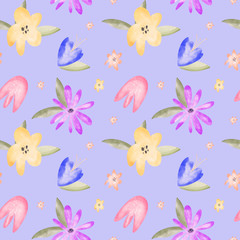 Colored flower buds watercolor texture digital art digital seamless pattern on purple background. Print for fabrics, banners, web design, posters, invitations, cards, stationery, wrapping paper.