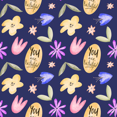 Colored flower buds watercolor texture digital art digital seamless pattern on blue background. Print for fabrics, banners, web design, posters, invitations, cards, stationery, wrapping paper.