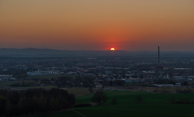 Red sun in sunset evening near Ceske Budejovice city