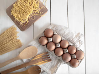 homemade noodles with eggs in a box