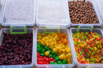 general plan of the store counter, with dried fruits. Healthy Food, Proper Nutrition, Natural Foods, Vegetarian Ingredients
