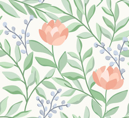 Seamless pattern with hand drawn flowers on white background. Vintage repeat background. Vector floral texture.