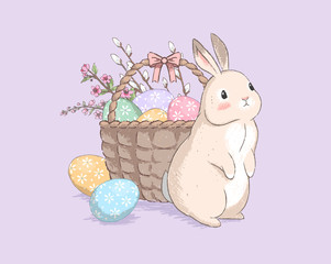 Сute Easter bunny in handdrawn pastel style near eggs basket. Vector illustration. - 336769715