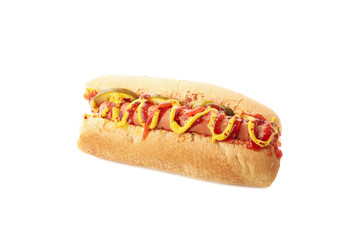 Tasty hot dog isolated on white background