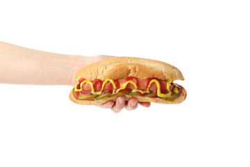 Hand holds tasty hot dog, isolated on white background