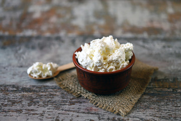 Fresh homemade cottage cheese in a bowl. Grain curd.