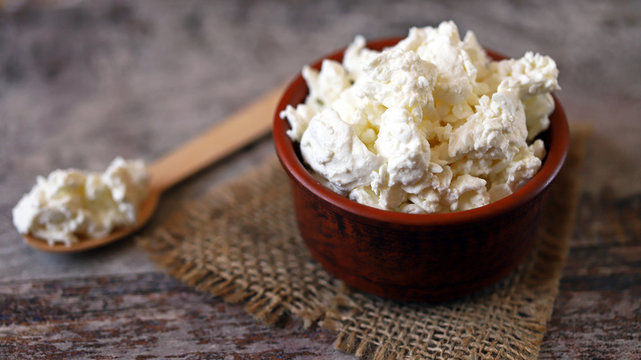 Fresh Homemade Cottage Cheese In A Bowl. Grain Curd.