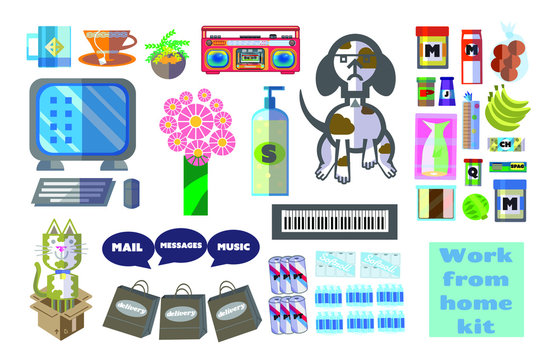 Work From Home Survival Kit Vector Illustration Set