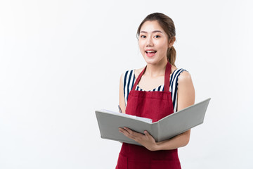 Obraz premium Portrait of Asian entrepreneur holding business folder smiling with confident with white copyspace, new startup business, SME, businesswoman, creativity freelancer, cafe business, woman owner business