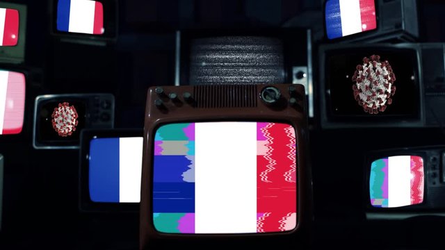 France flag and Coronavirus on Retro TVs. Coronavirus Pandemic Outbreak Concept Video. 