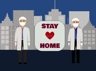 Illustration two doctors cheering up people to stay at home. City on background. Concept for pandemic coronavirus.