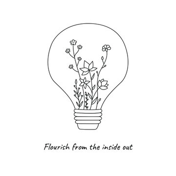 Simple flower sketch drawing, elegant tattoo design. Hand drawn flowers in light bulb, floral botanical elements. Vector illustration
