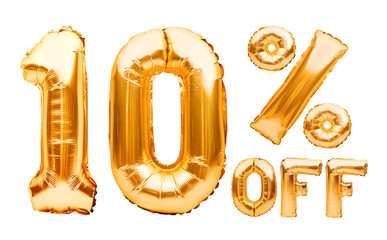 Golden ten percent sale sign made of inflatable balloons isolated on white. Helium balloons, gold...
