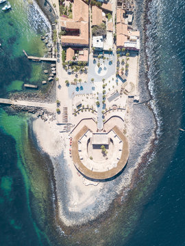 Aerial view on Goree Island in Dakar Senegal, slavery island by drone
