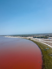 Aerial View of Pink Lake in Senegal, red water by drone