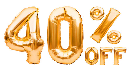 Golden forty percent sale sign made of inflatable balloons isolated on white. Helium balloons, gold foil numbers. Sale decoration, black friday, discount concept. 40 percent off, advertisement. - obrazy, fototapety, plakaty