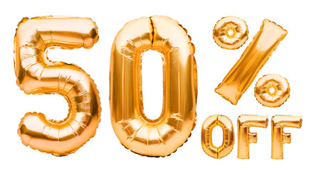Golden fifty percent sale sign made of inflatable balloons isolated on white. Helium balloons, gold...